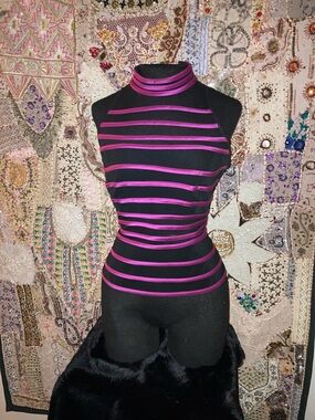JS Collections Black Mock Neck Tank with Magenta Stripes